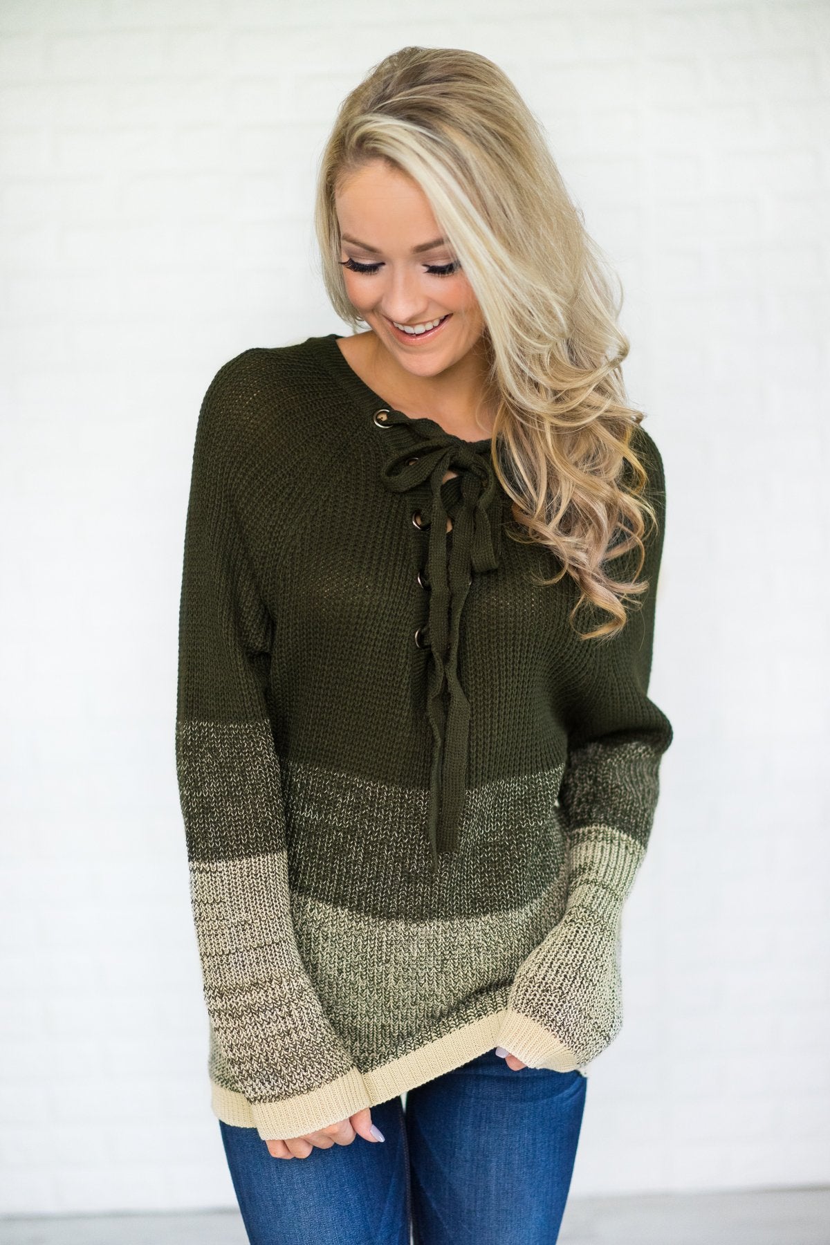 Ombre Lace Up Olive Sweater