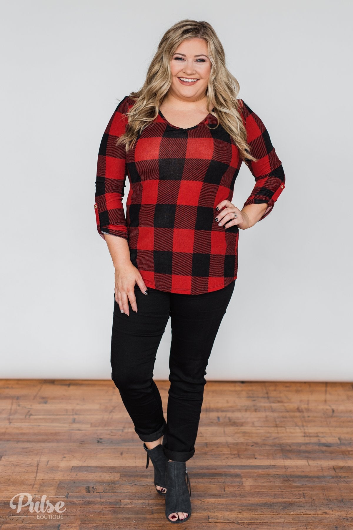 Be With You 3/4 Sleeve Buffalo Plaid Top- Red & Black