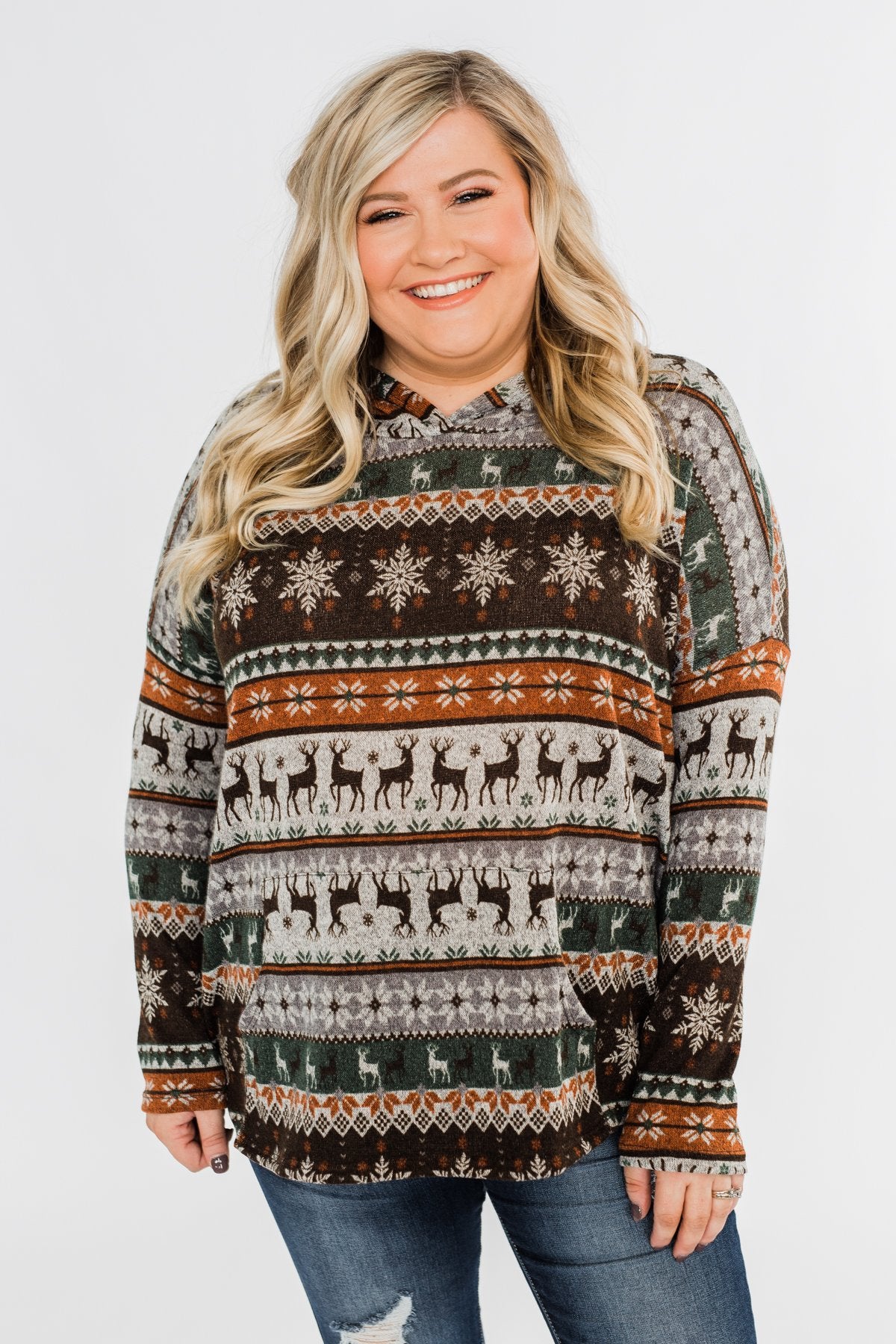 Feeling Festive Reindeer Print Hoodie- Grey, Olive, & Rust