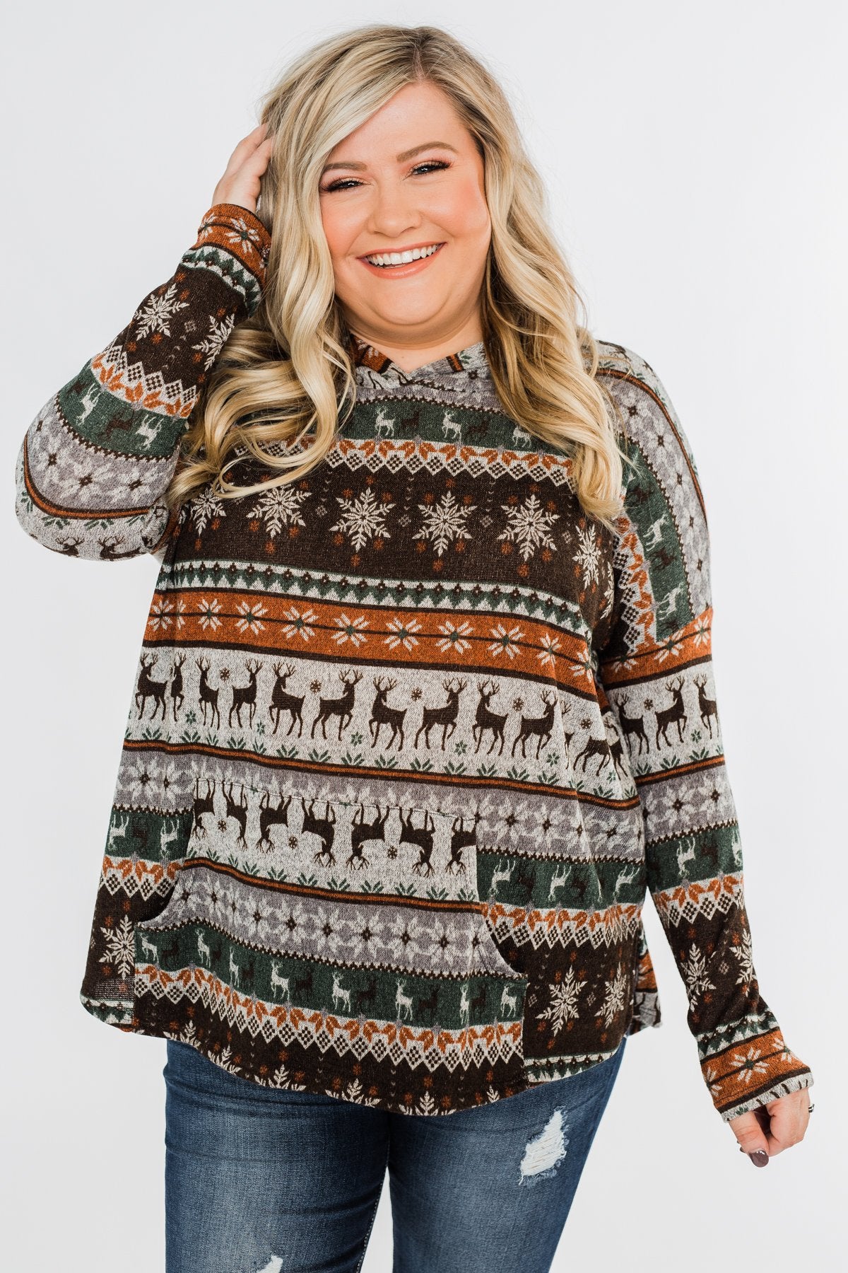 Feeling Festive Reindeer Print Hoodie- Grey, Olive, & Rust