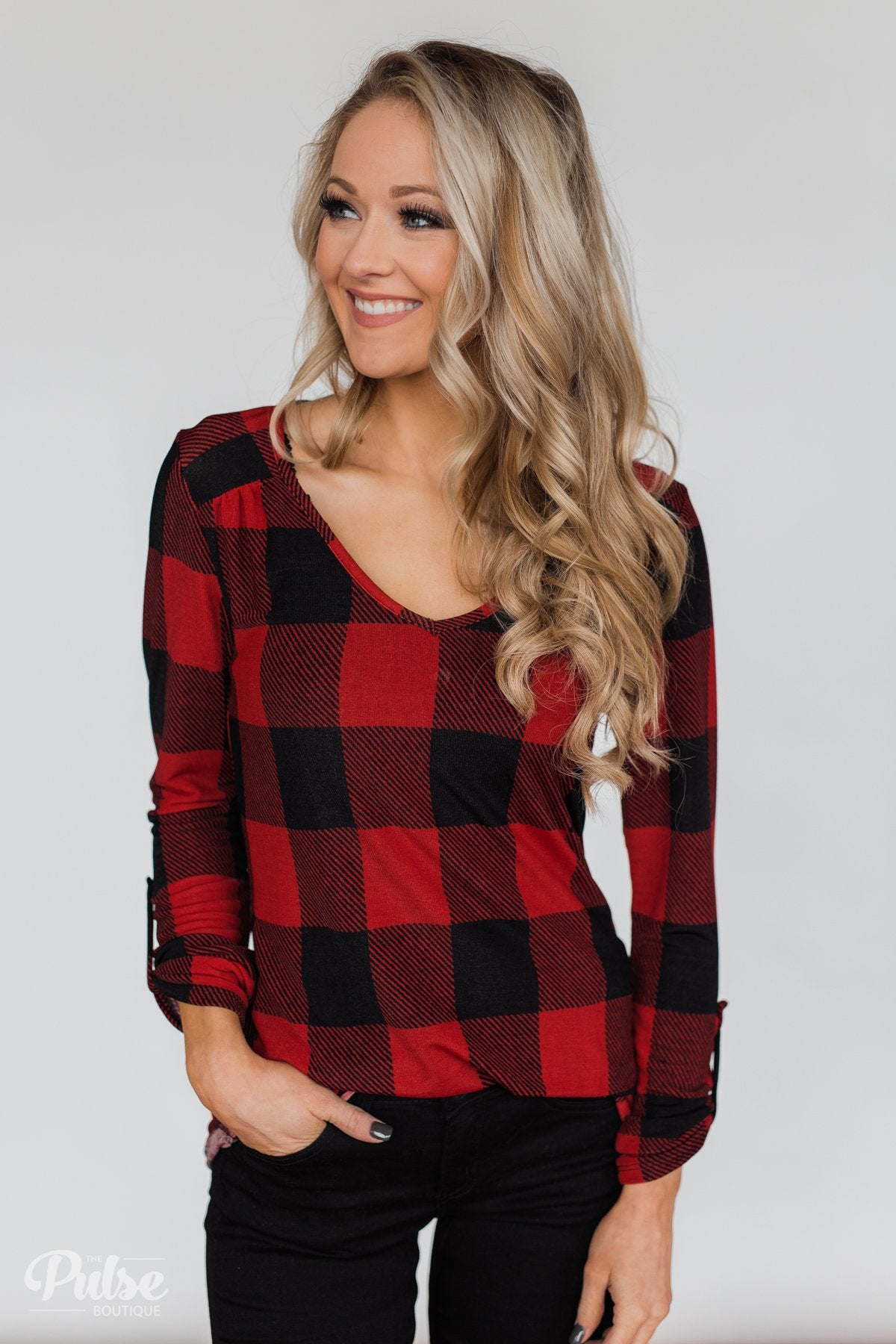 Be With You 3/4 Sleeve Buffalo Plaid Top- Red & Black
