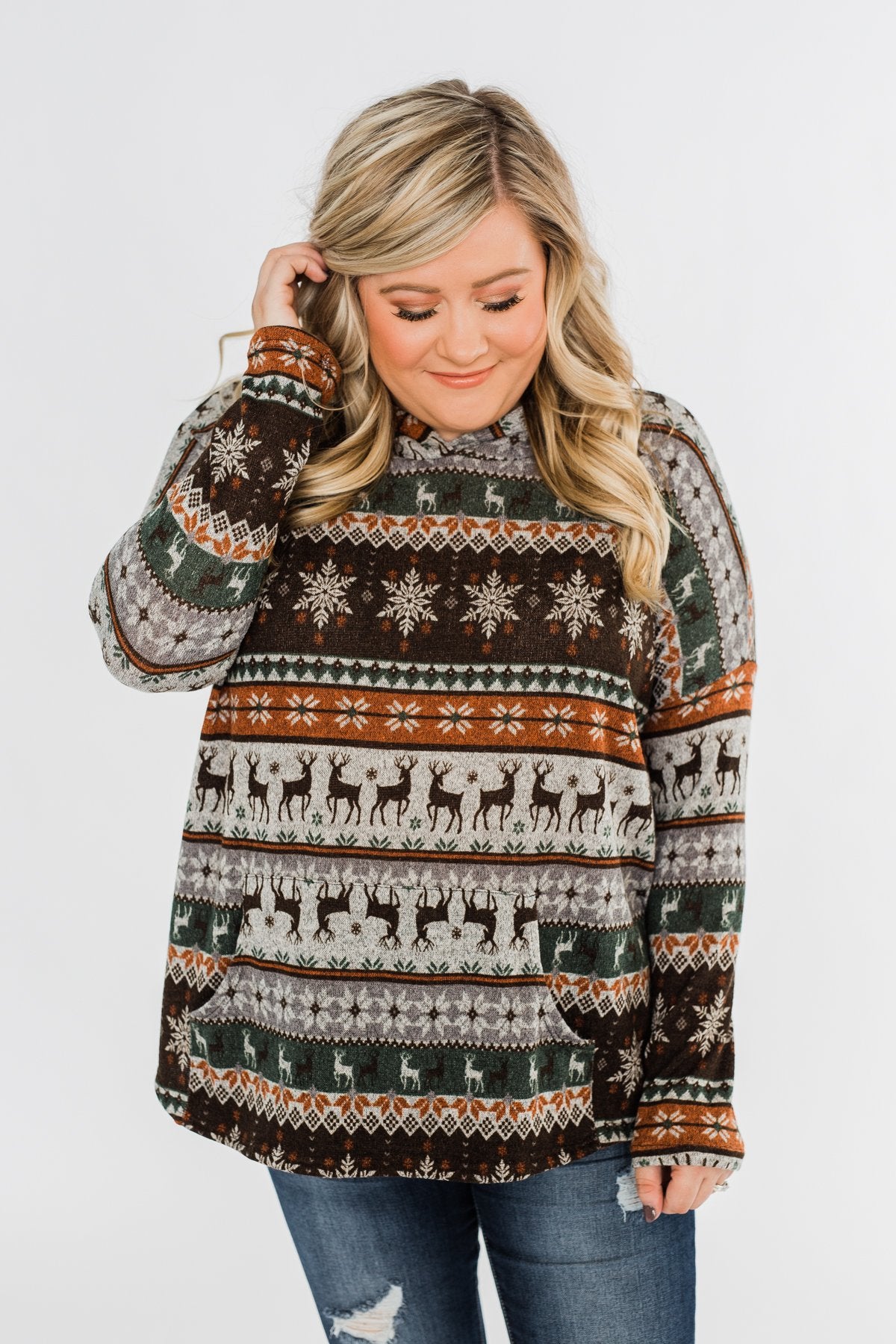 Feeling Festive Reindeer Print Hoodie- Grey, Olive, & Rust