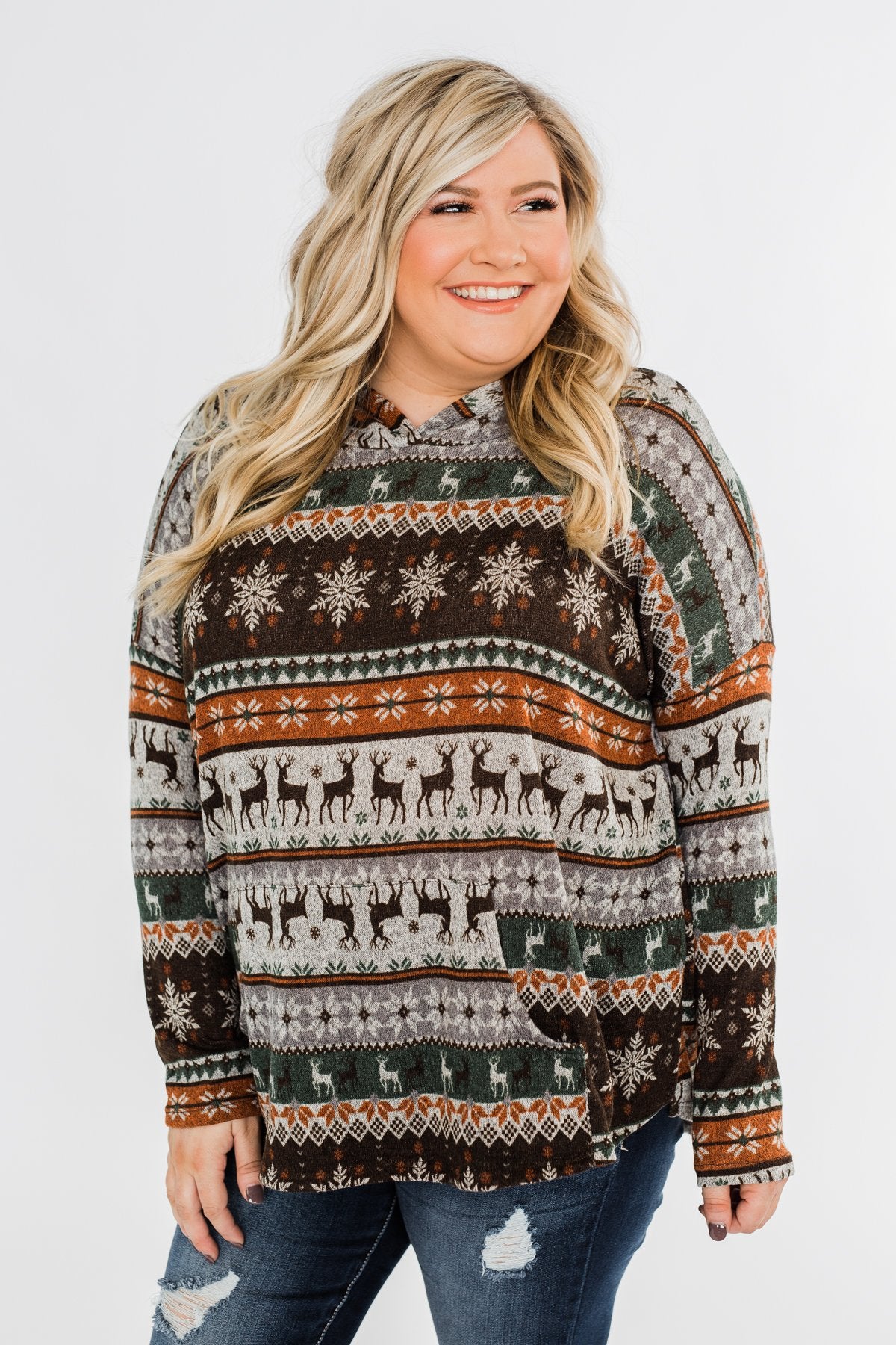 Feeling Festive Reindeer Print Hoodie- Grey, Olive, & Rust