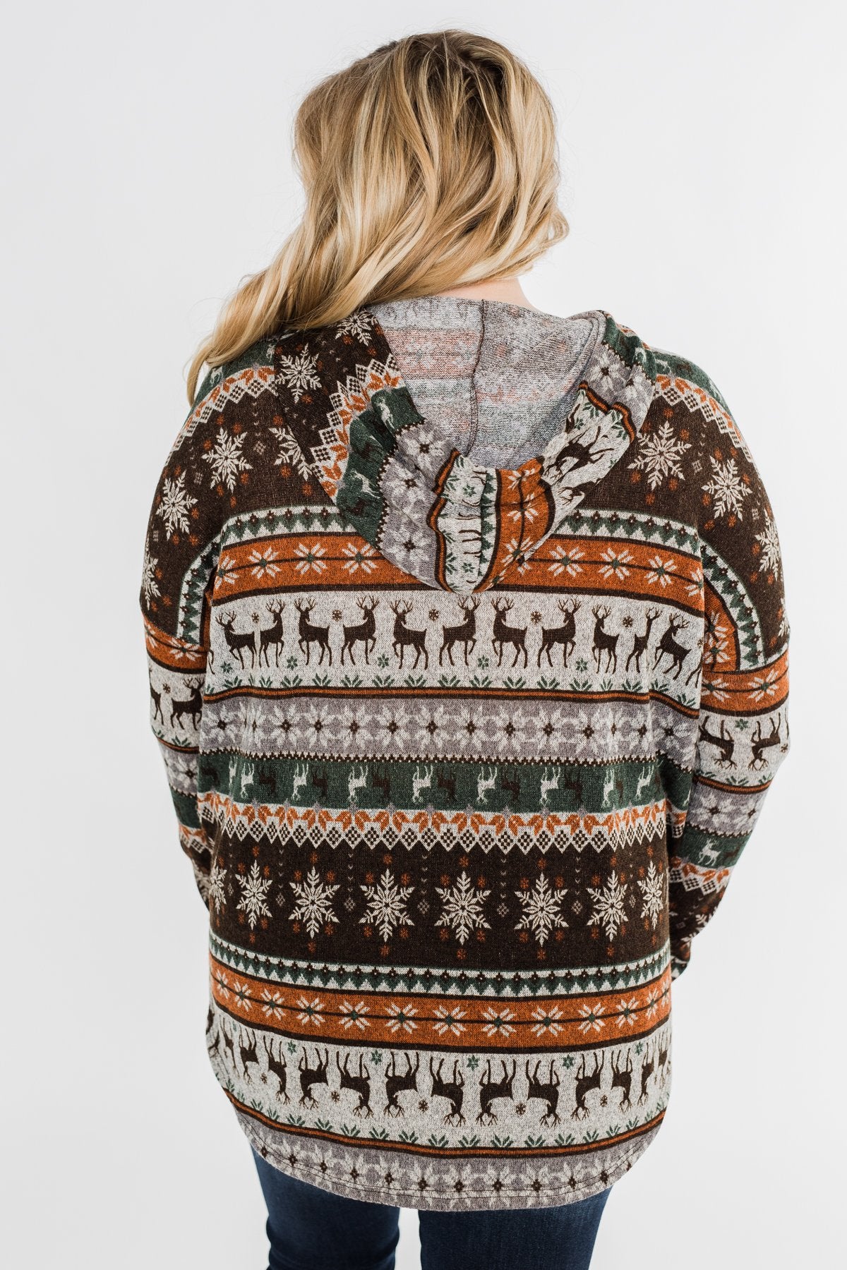 Feeling Festive Reindeer Print Hoodie- Grey, Olive, & Rust