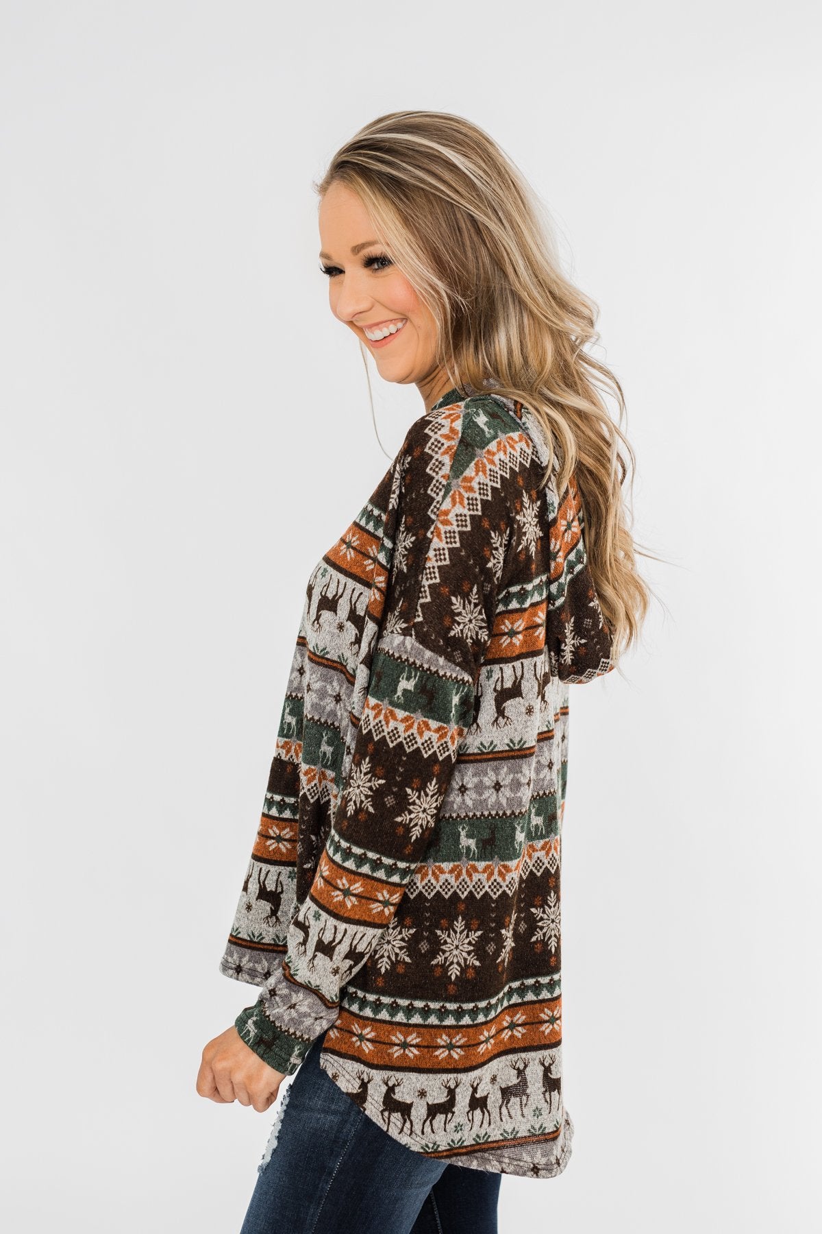 Feeling Festive Reindeer Print Hoodie- Grey, Olive, & Rust