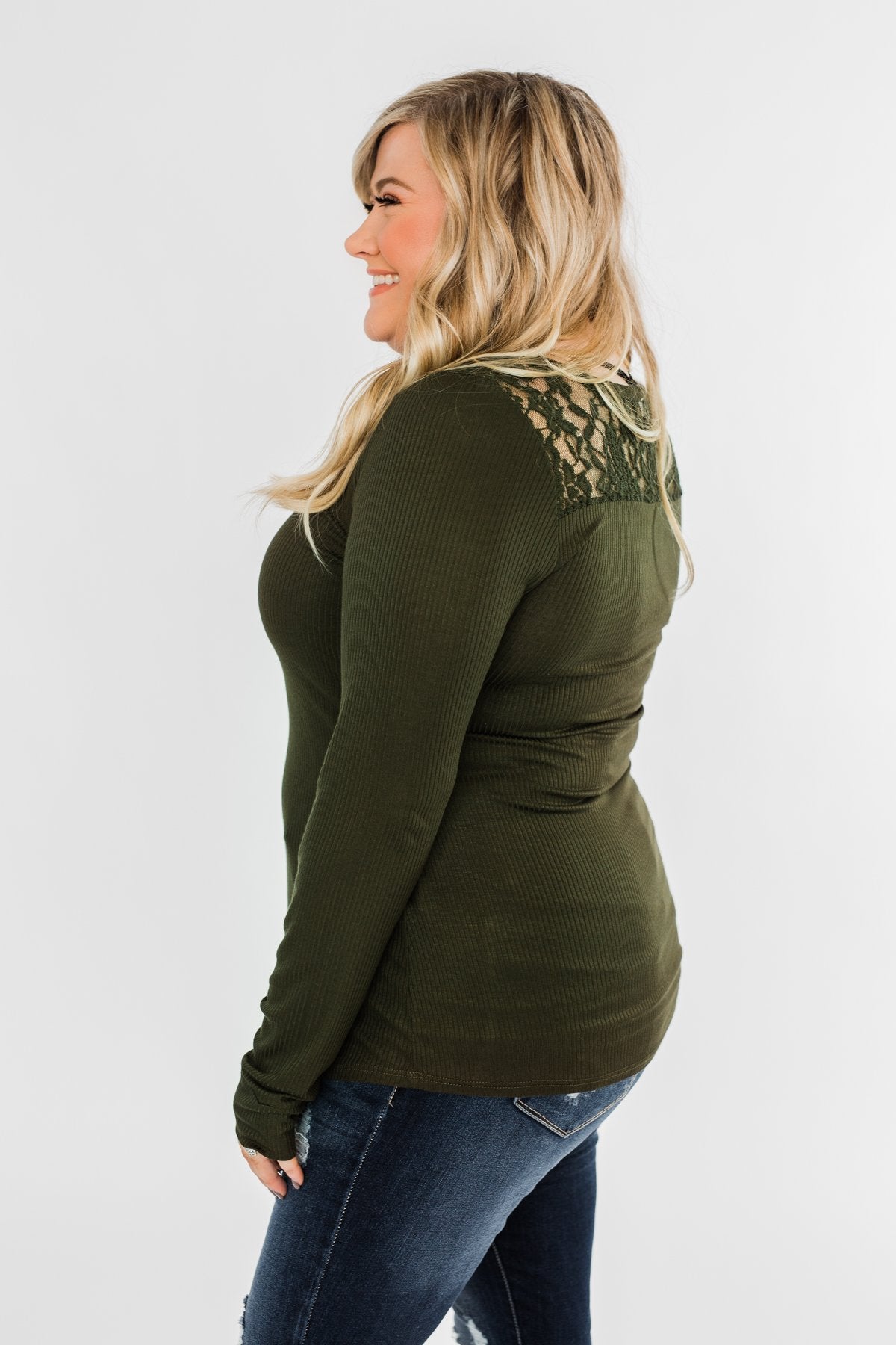 Lace Back 5-Button Henley Top- Olive