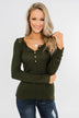 Lace Back 5-Button Henley Top- Olive