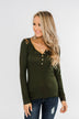 Lace Back 5-Button Henley Top- Olive