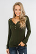 Lace Back 5-Button Henley Top- Olive