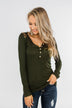 Lace Back 5-Button Henley Top- Olive