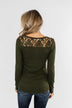 Lace Back 5-Button Henley Top- Olive