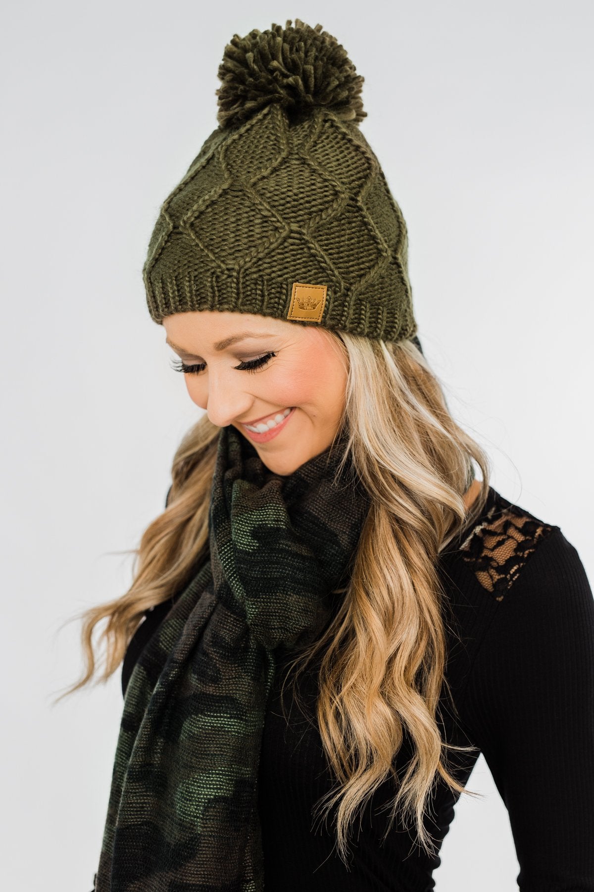 Fleece Lined Pom Beanie- Dark Olive