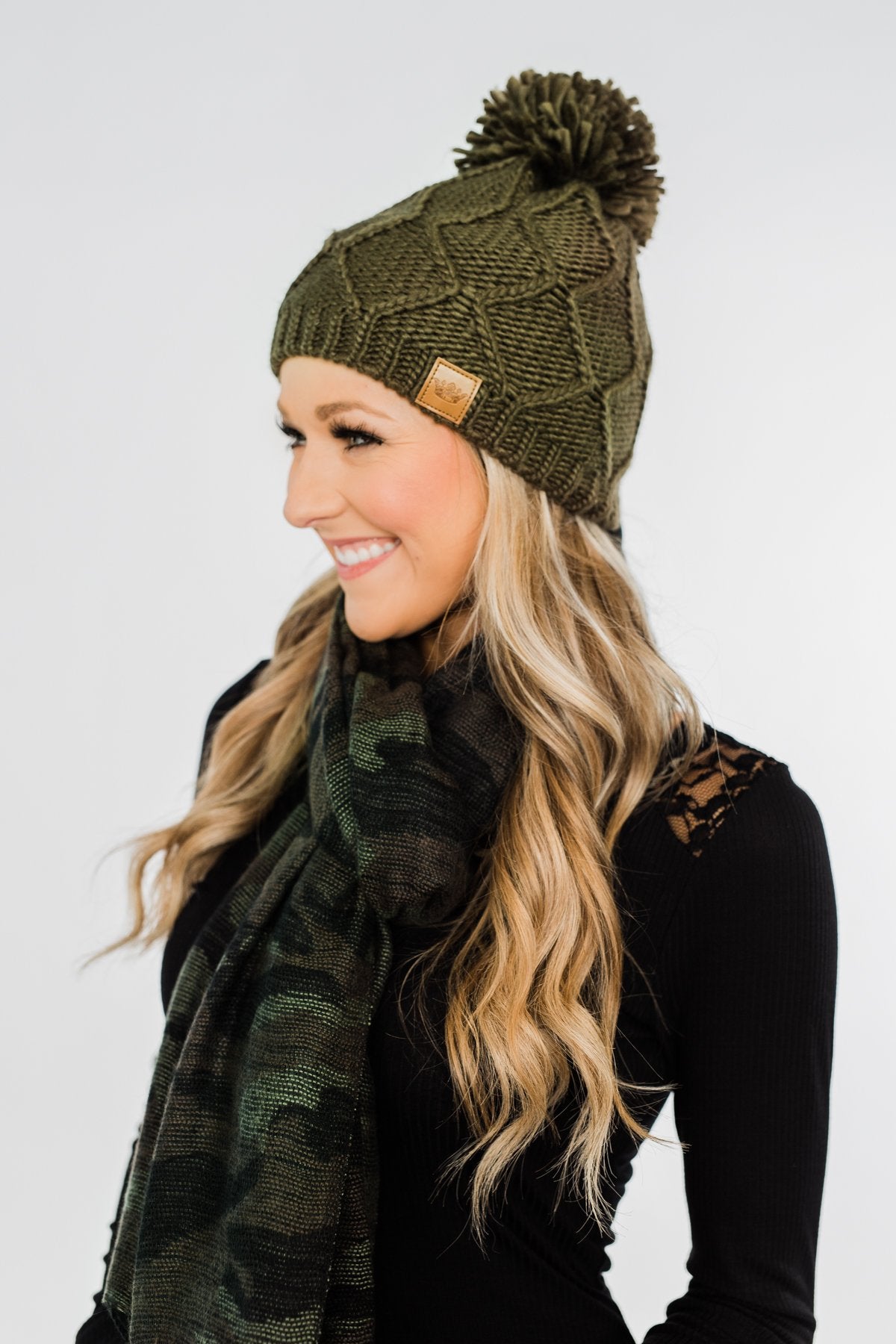 Fleece Lined Pom Beanie- Dark Olive