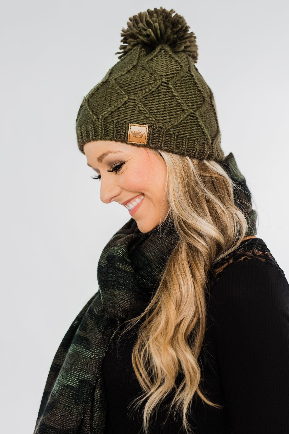 Fleece Lined Pom Beanie- Dark Olive