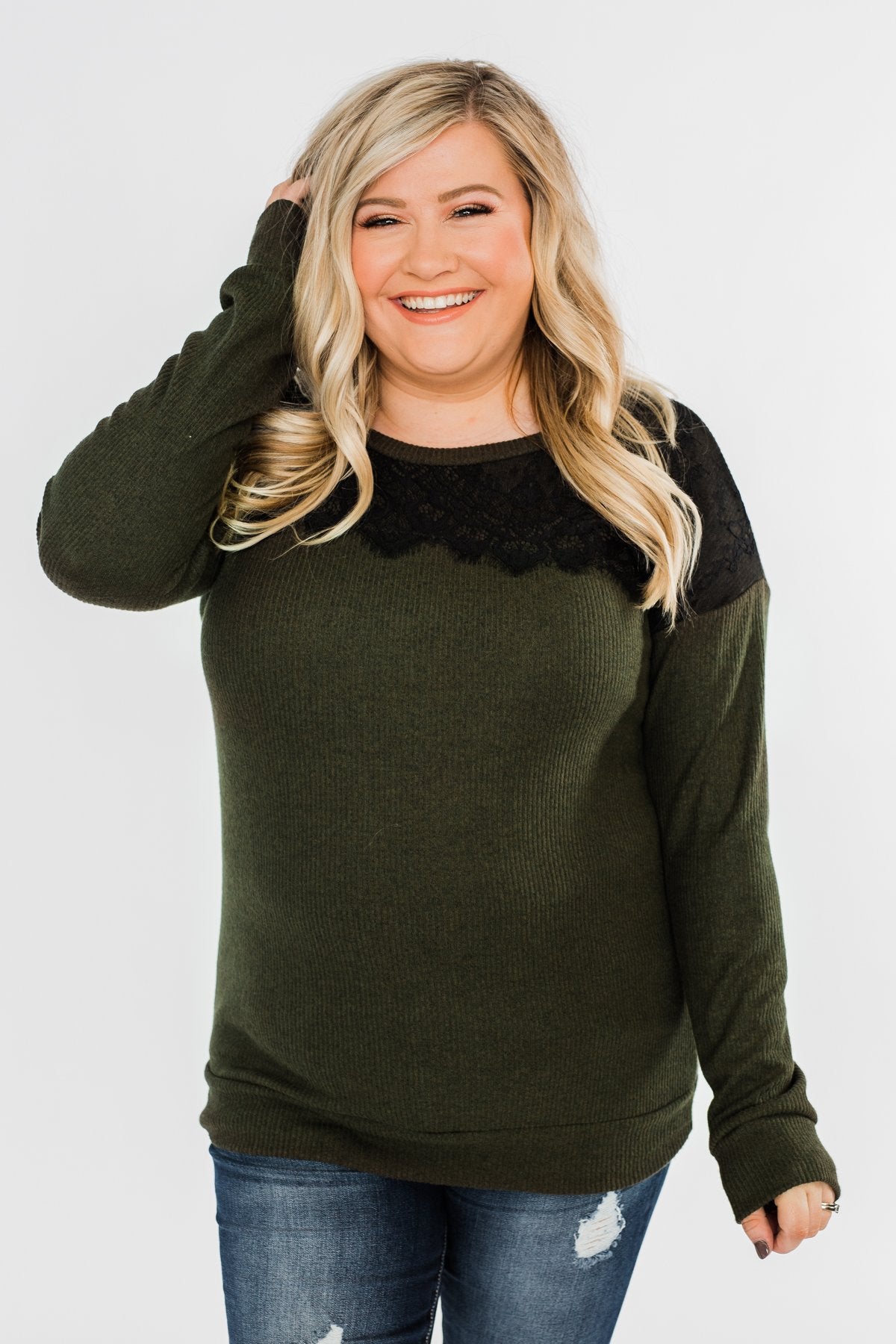 Show Stopper Black Lace Top- Dark Olive