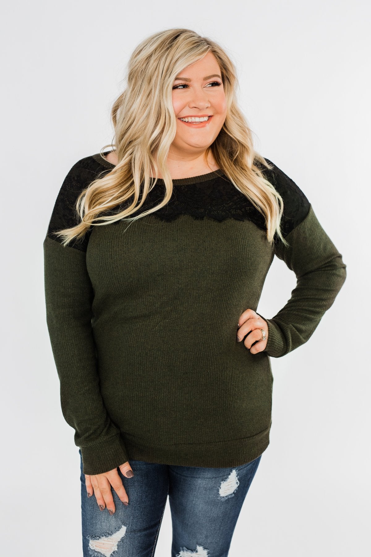 Show Stopper Black Lace Top- Dark Olive