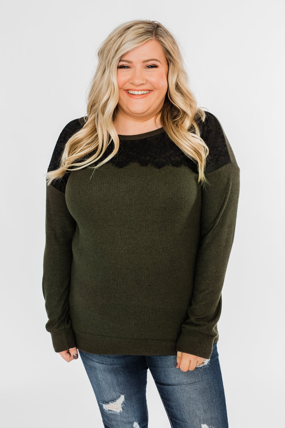 Show Stopper Black Lace Top- Dark Olive