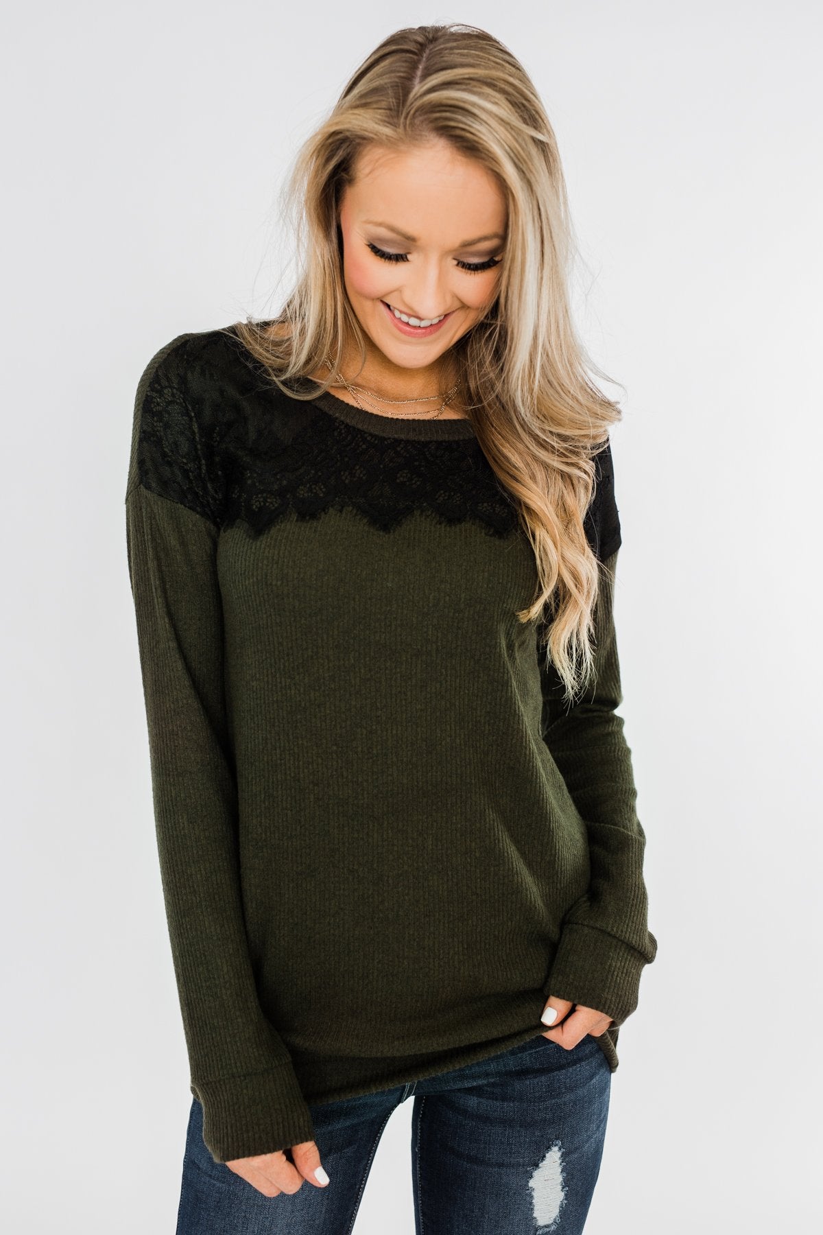 Show Stopper Black Lace Top- Dark Olive