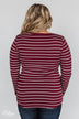 Need You Now 5-Button Henley Top- Burgundy Striped