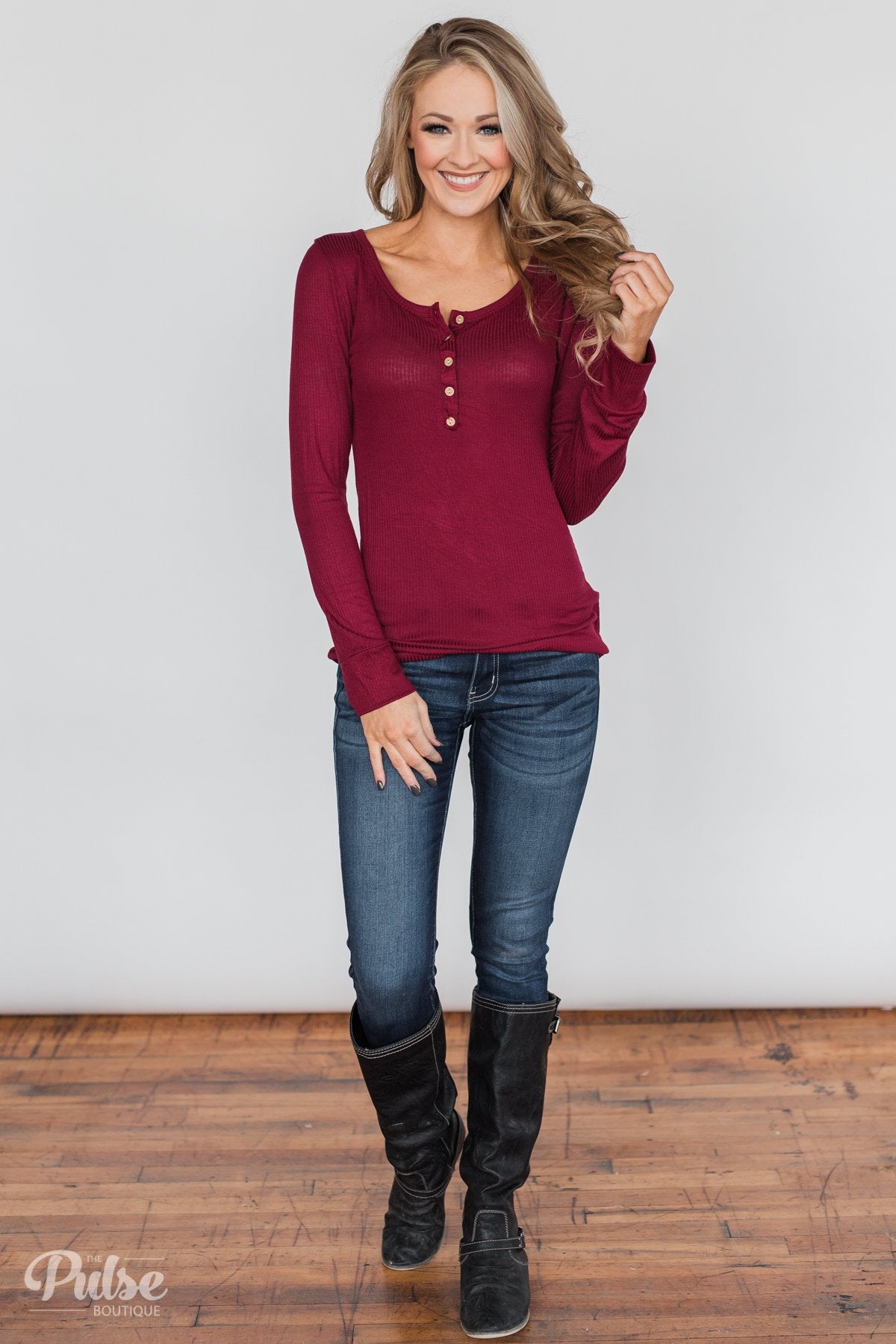 Need You Now 5-Button Henley Top- Cranberry