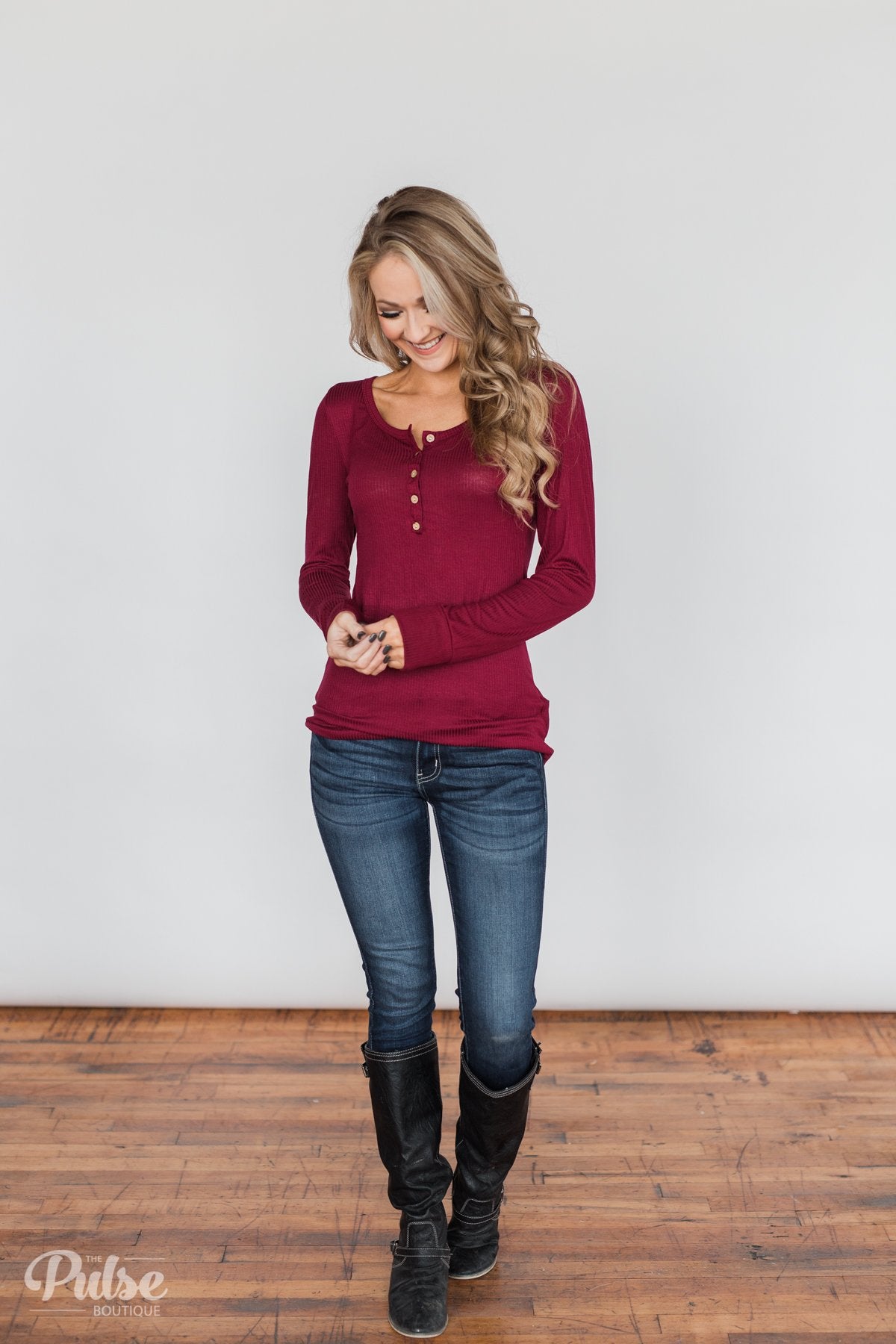 Need You Now 5-Button Henley Top- Cranberry