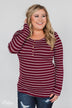 Need You Now 5-Button Henley Top- Burgundy Striped