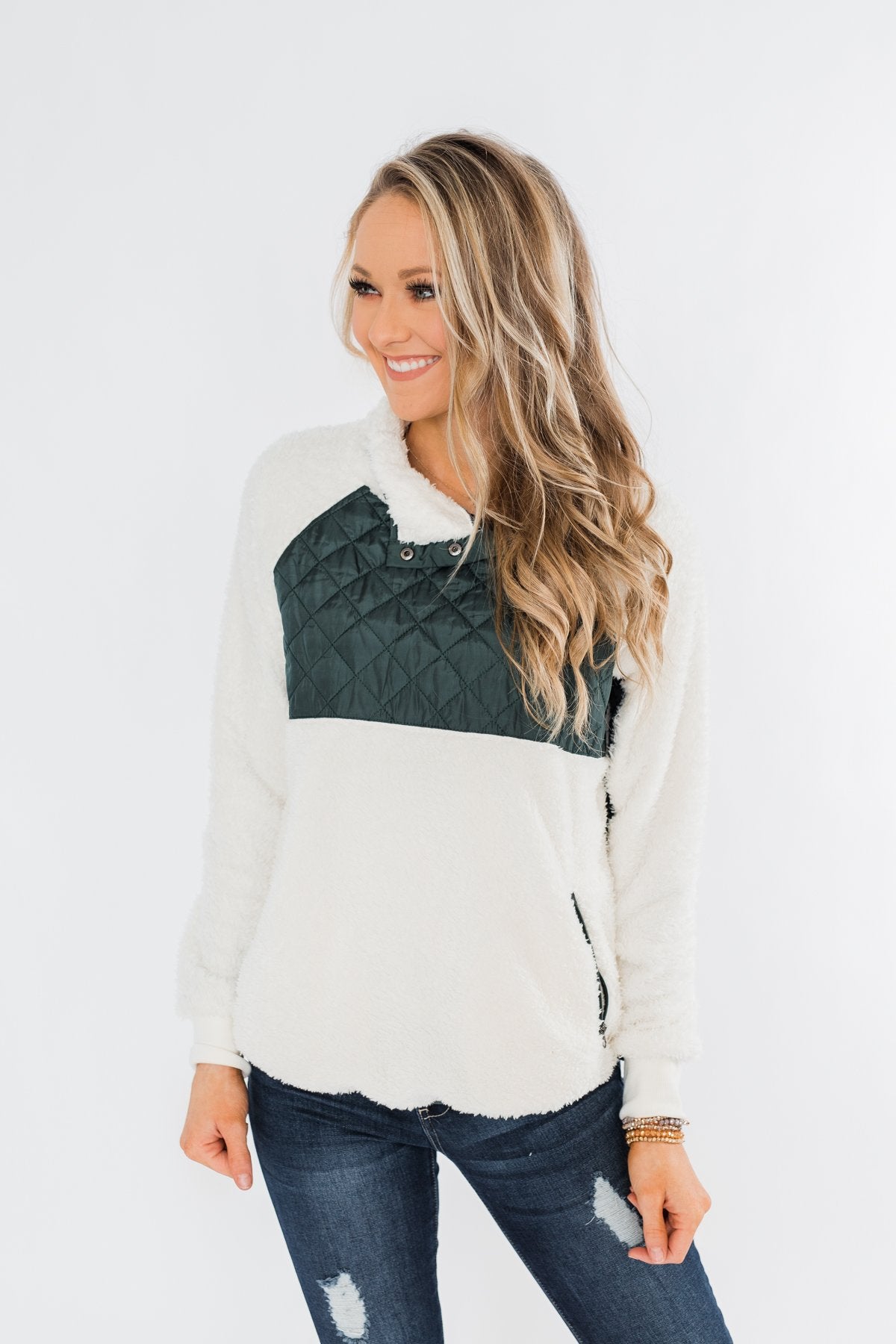 Quilted Sherpa Pullover- Ivory & Hunter Green