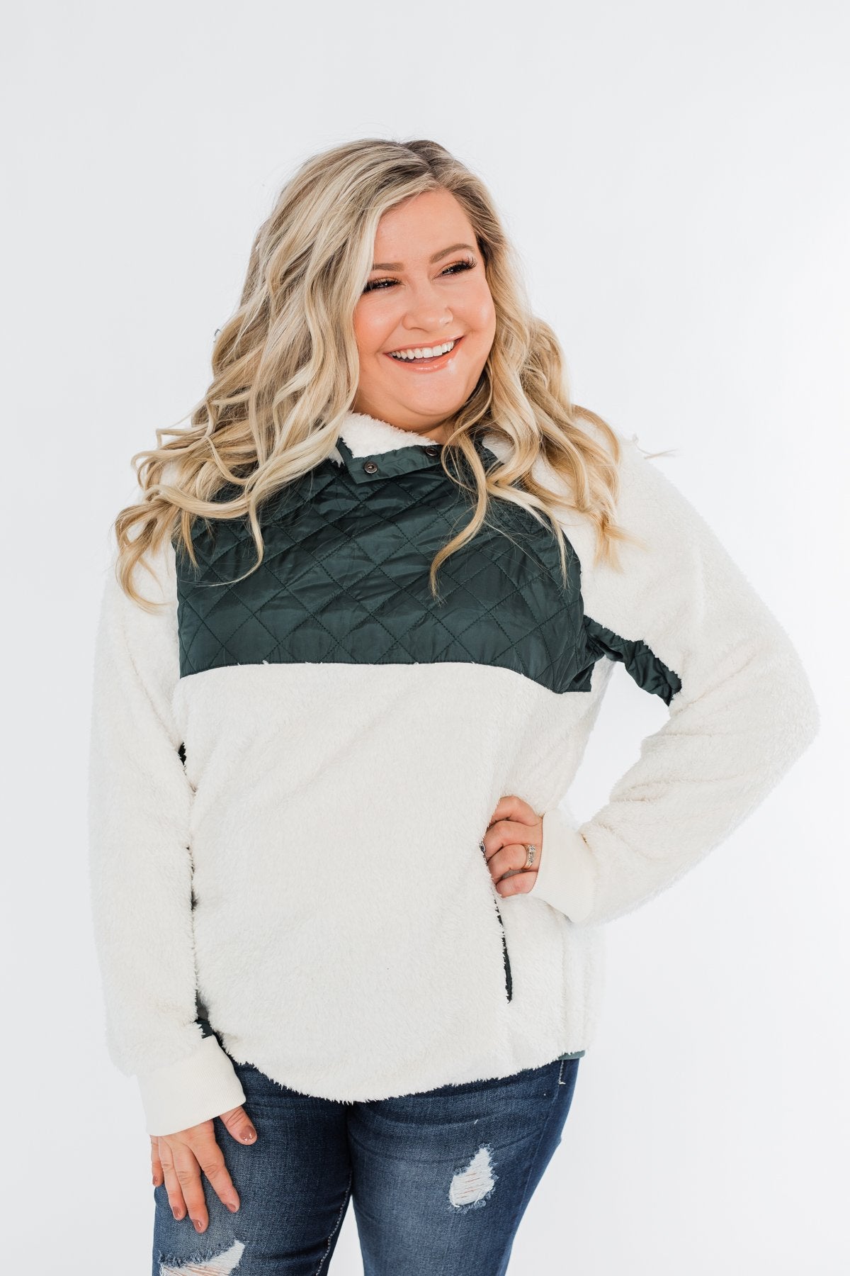 Quilted Sherpa Pullover- Ivory & Hunter Green