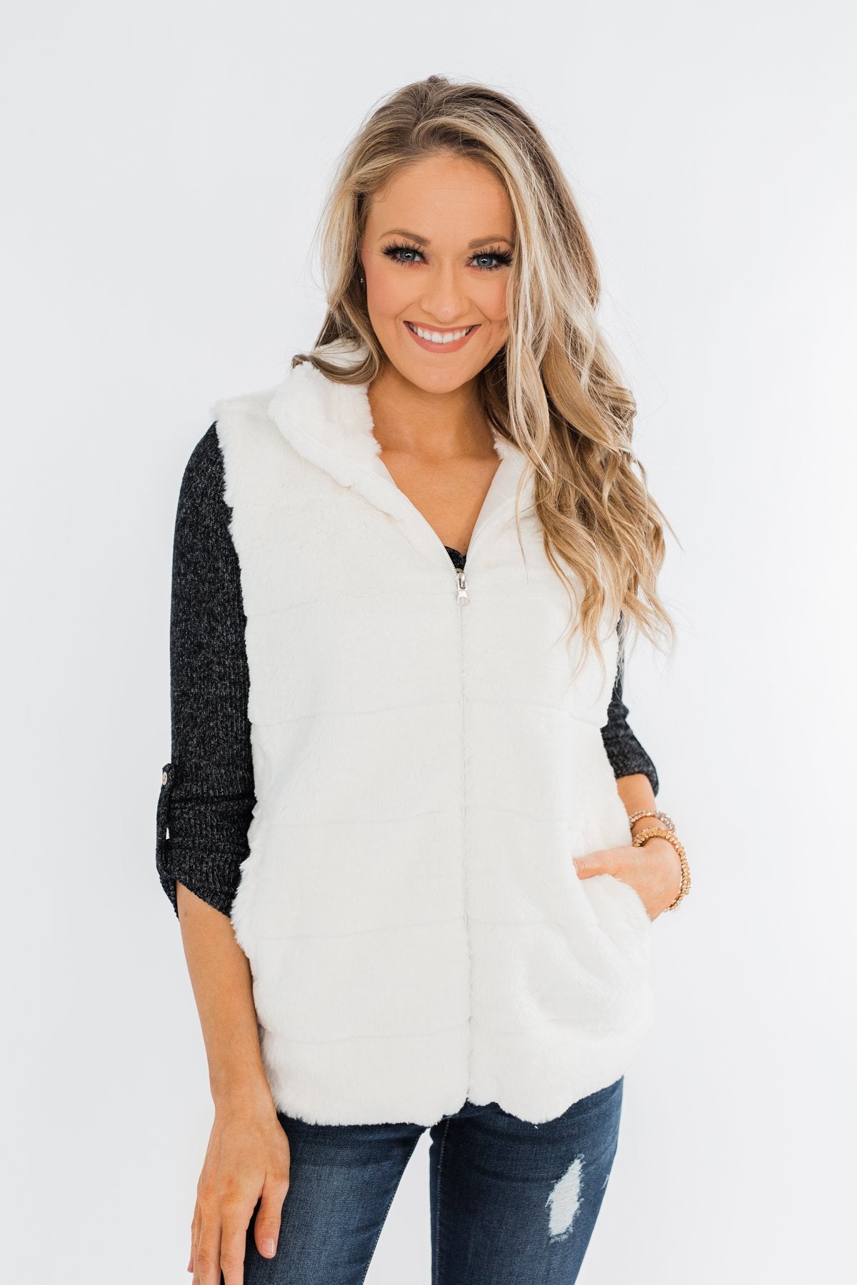 Faux Fur Zip Up Vest- Ivory