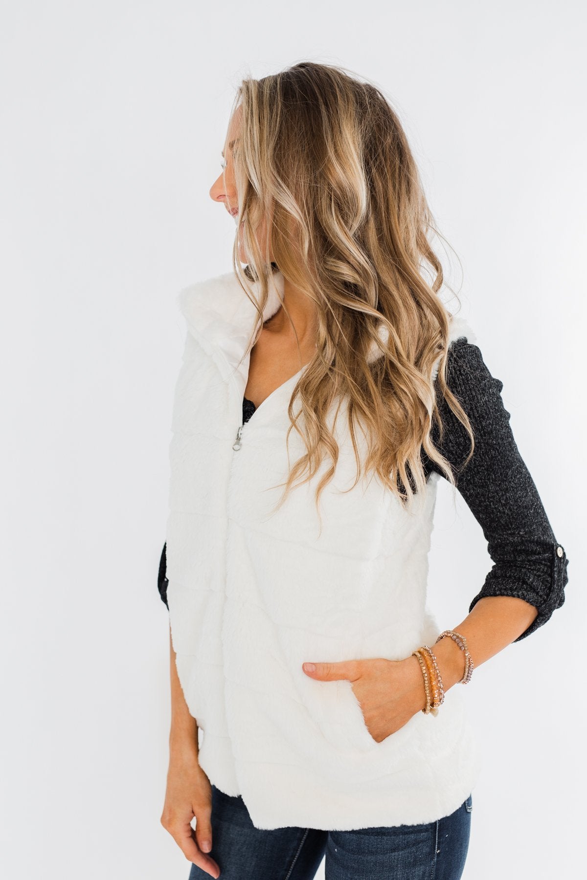Faux Fur Zip Up Vest- Ivory