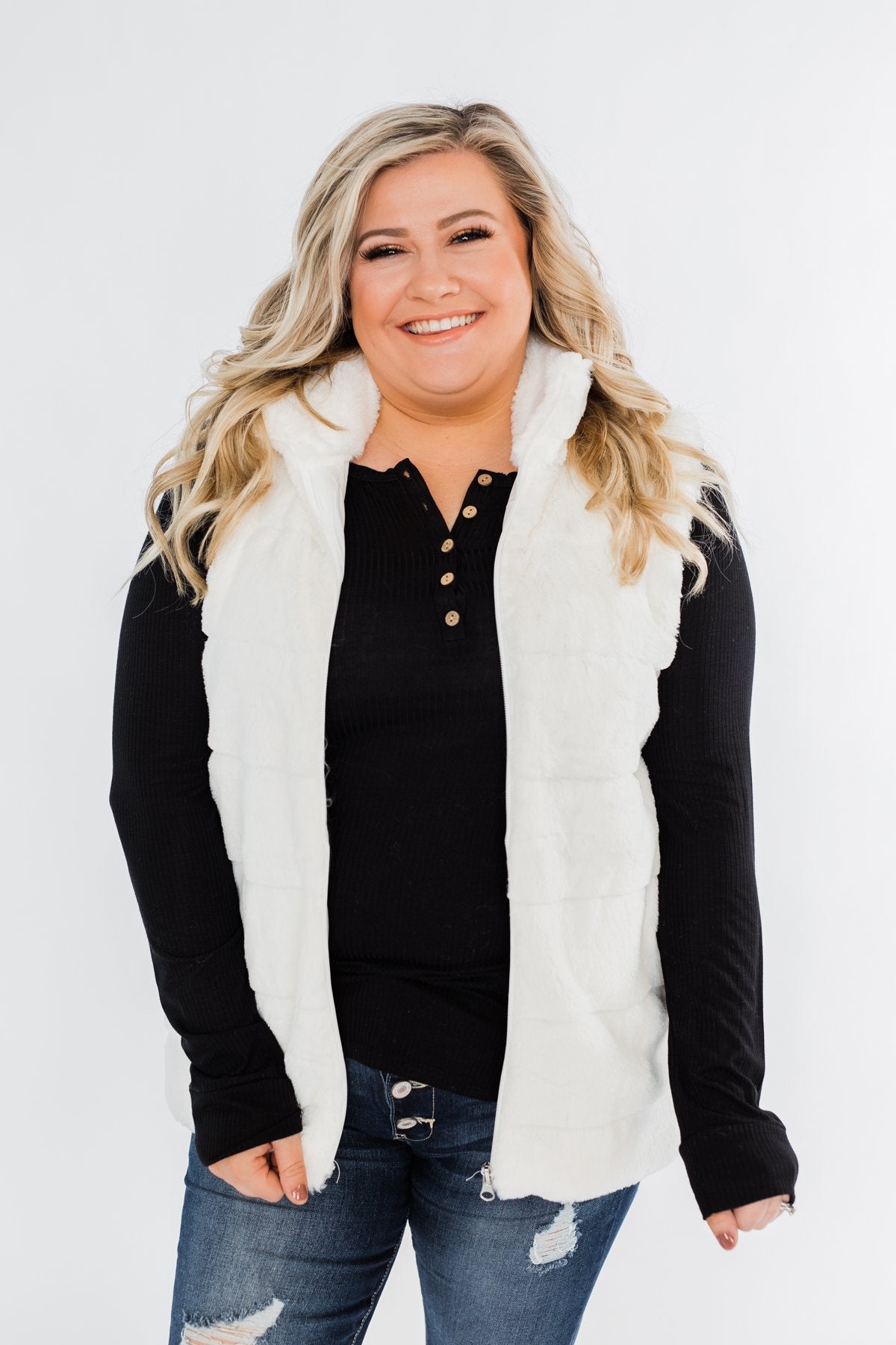 Faux Fur Zip Up Vest- Ivory