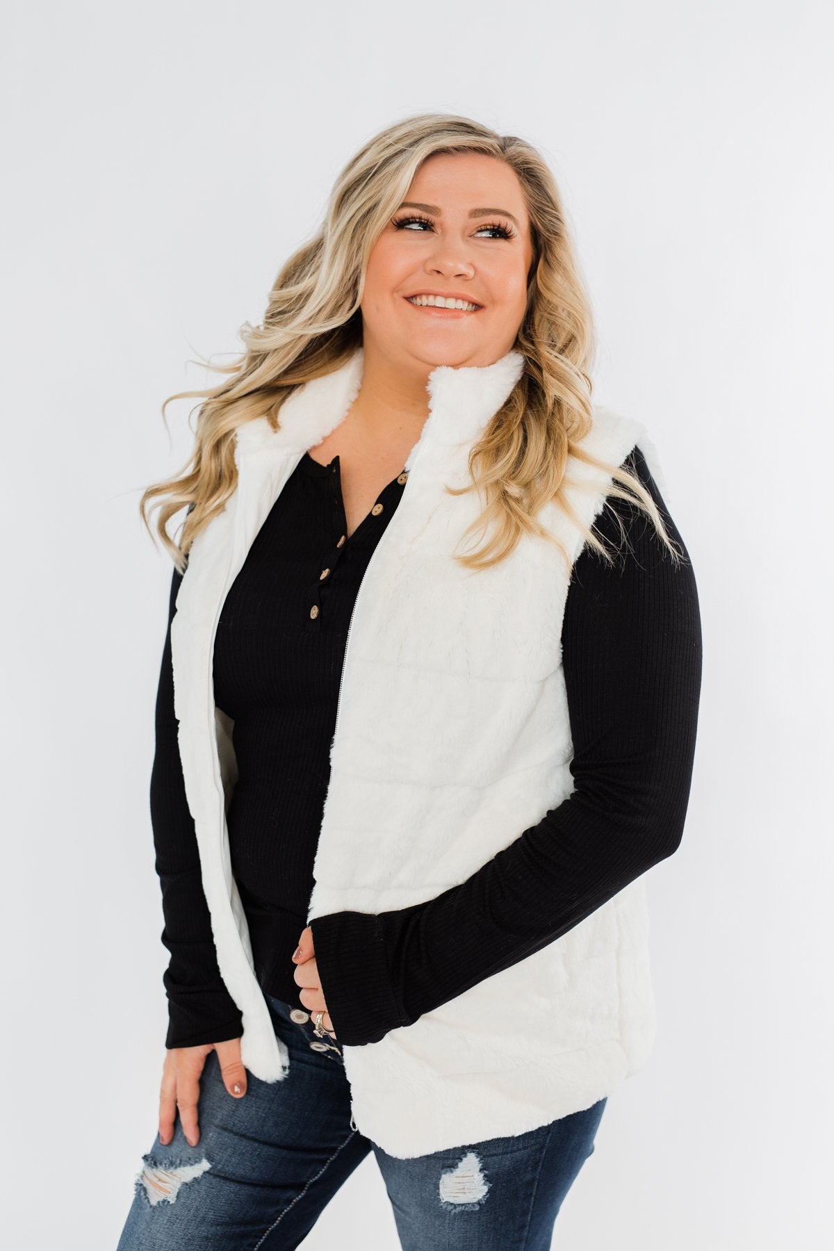 Faux Fur Zip Up Vest- Ivory