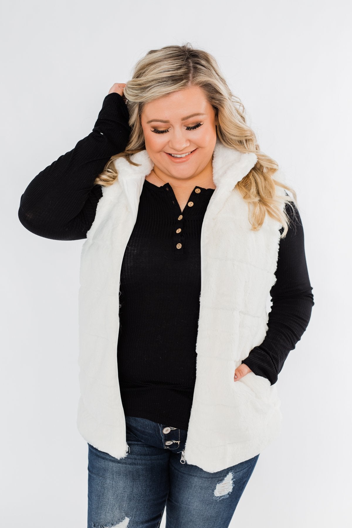 Faux Fur Zip Up Vest- Ivory