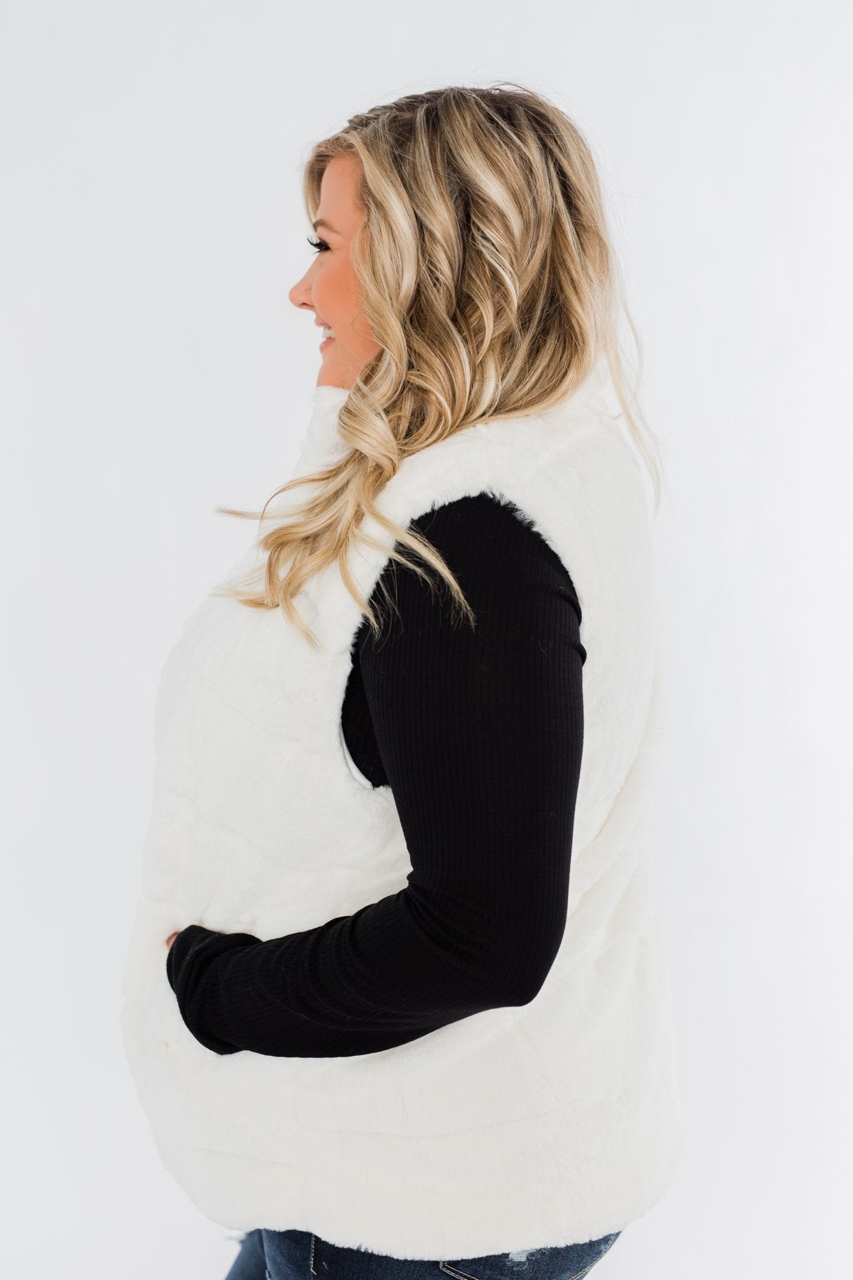 Faux Fur Zip Up Vest- Ivory