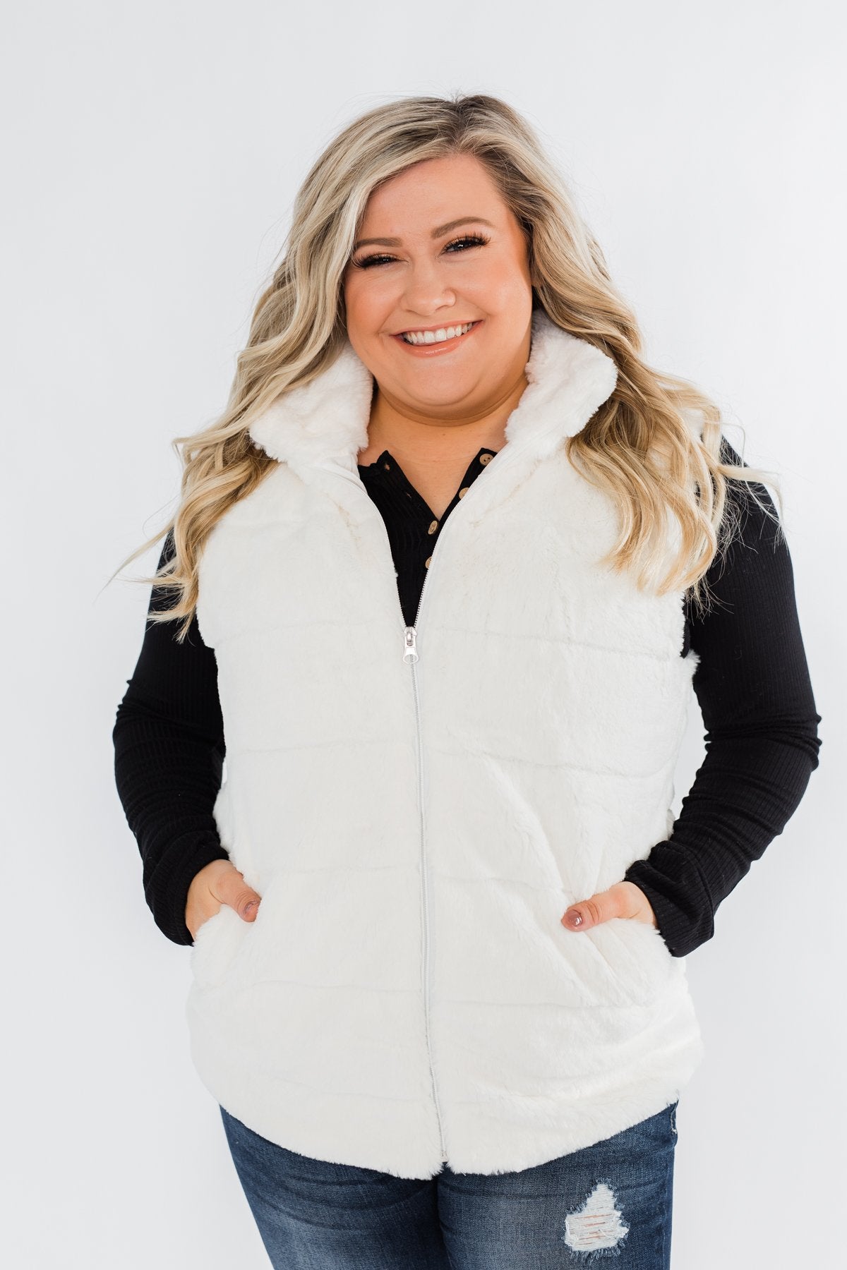Faux Fur Zip Up Vest- Ivory