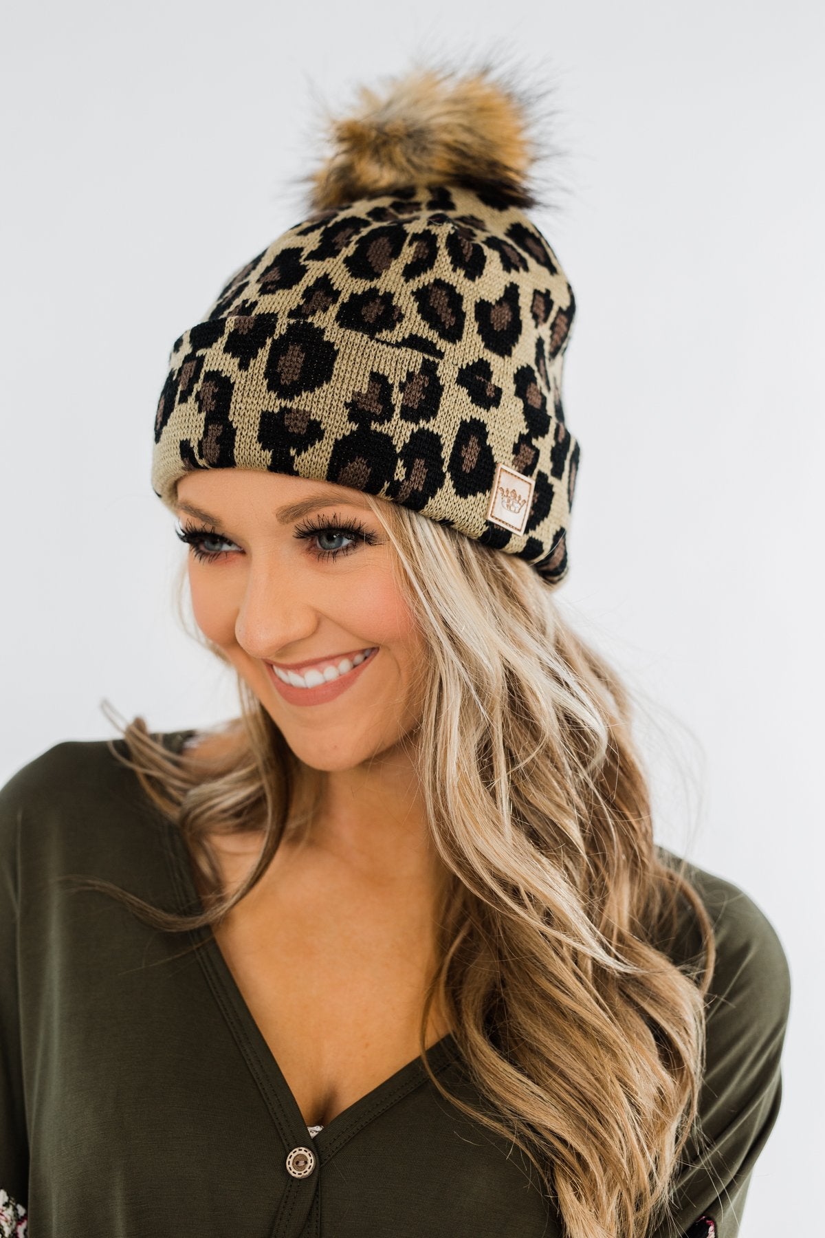 Leopard Pom Beanie- Neutral