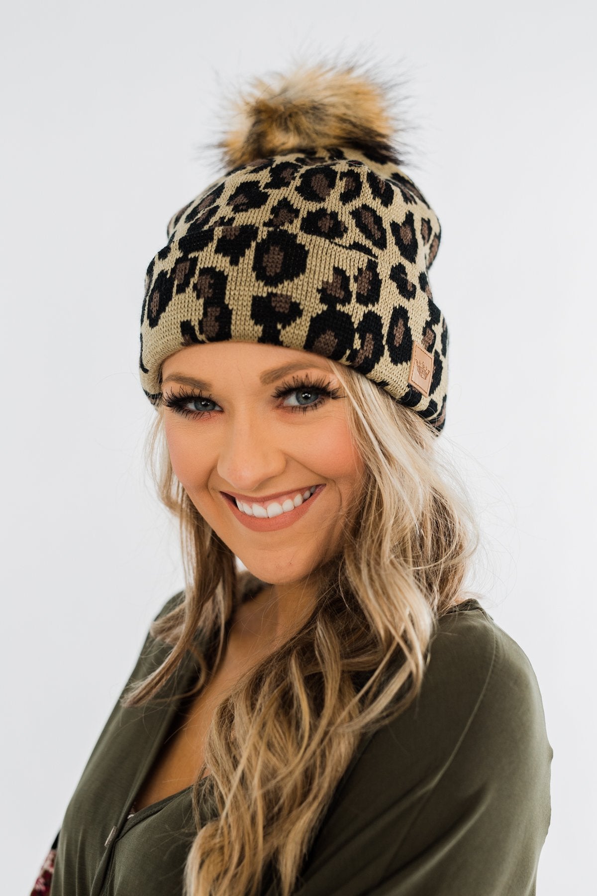Leopard Pom Beanie- Neutral