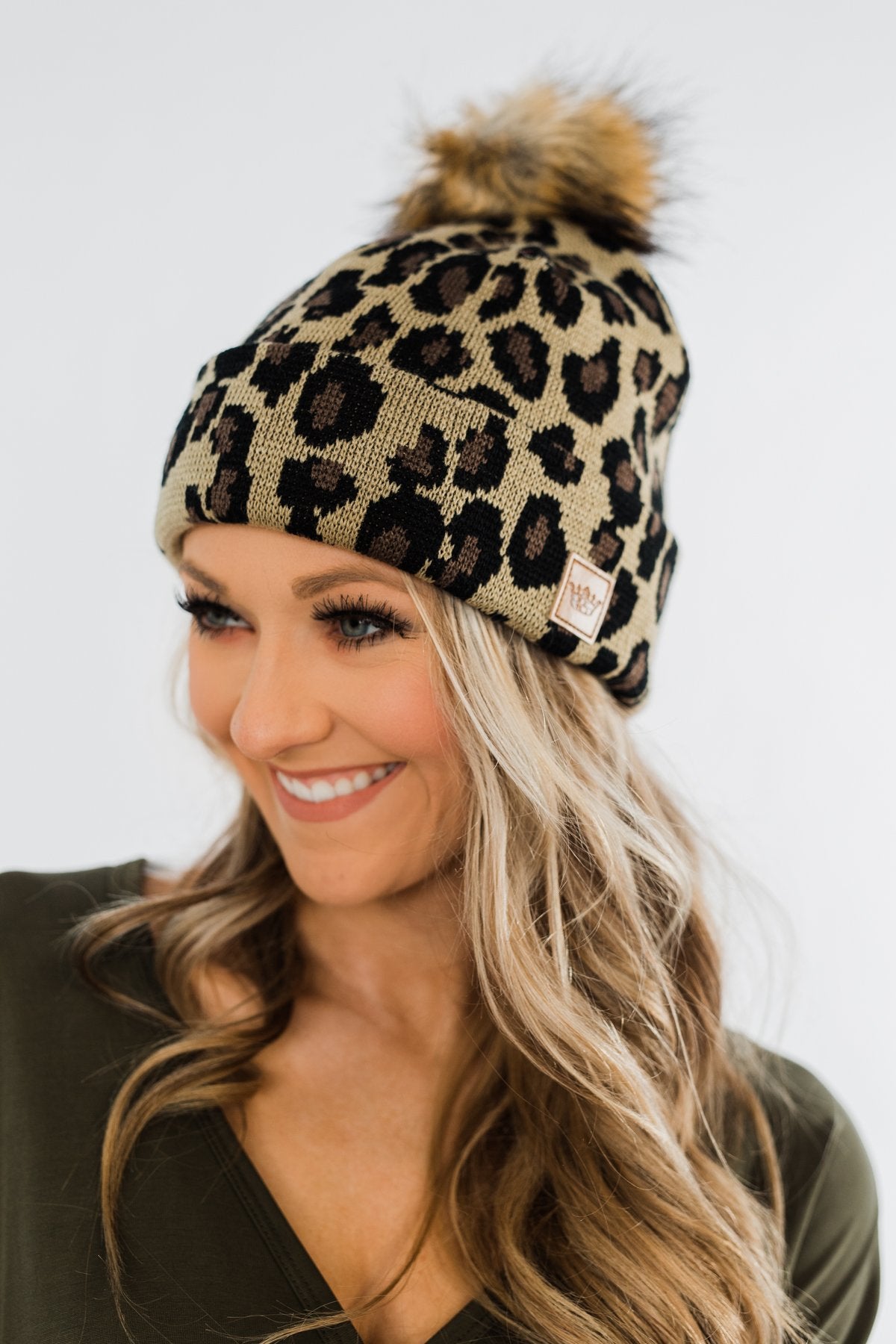 Leopard Pom Beanie- Neutral
