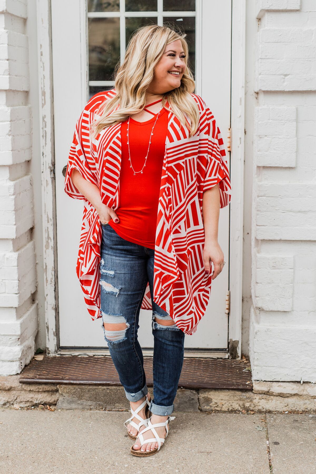 Radiant in Red Short Sleeve Kimono- Ivory