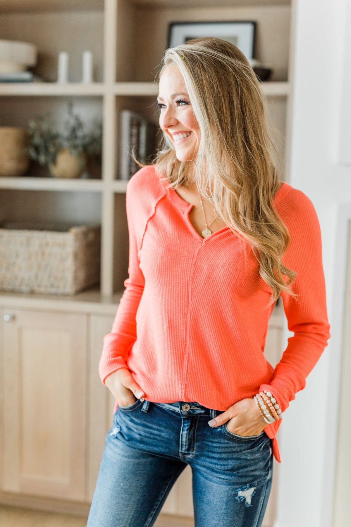 There You Go Again Thermal Notch Top- Coral