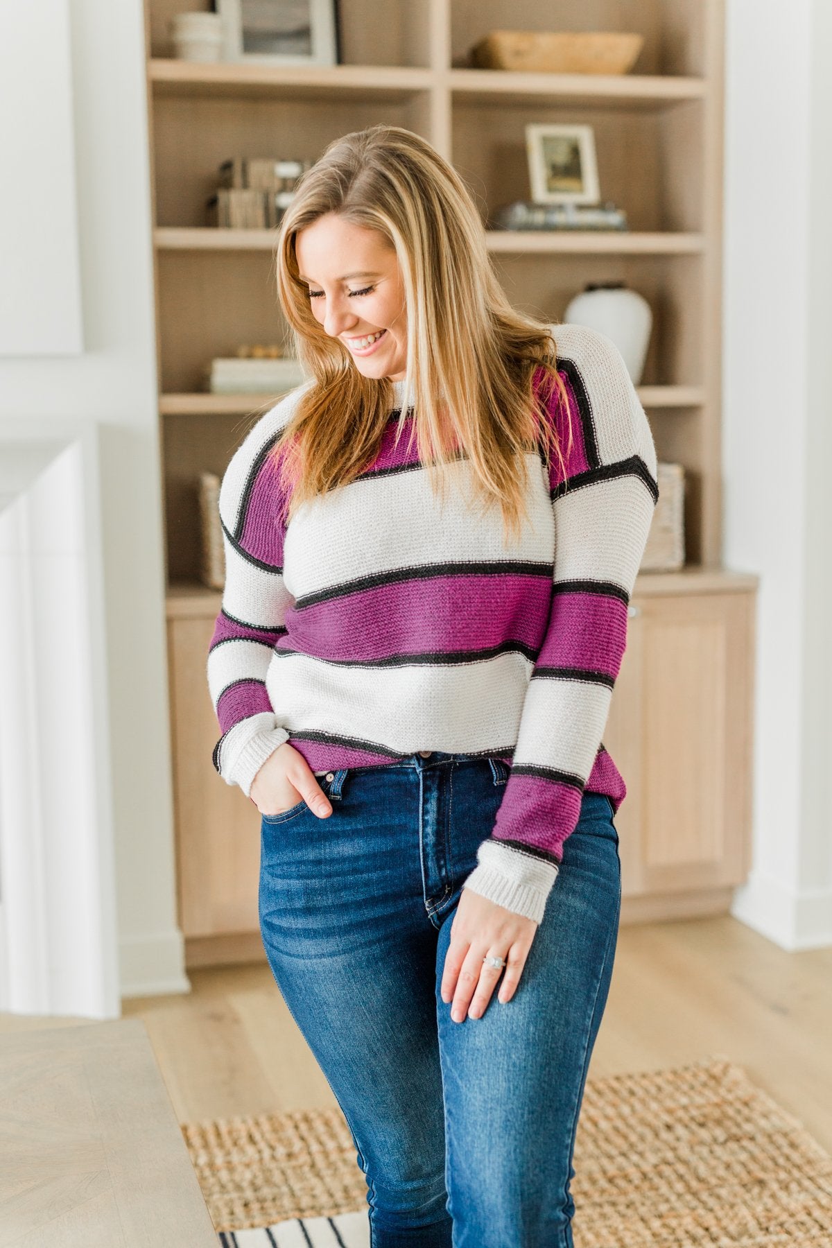 Oh So Soft Striped Knit Sweater- Magenta