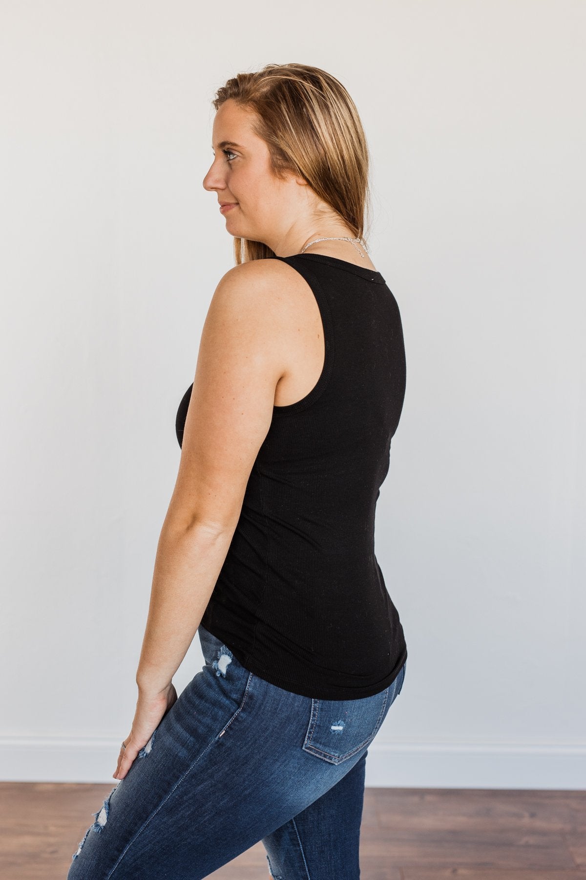 Uplifting Spirits Button Henley Tank Top- Black