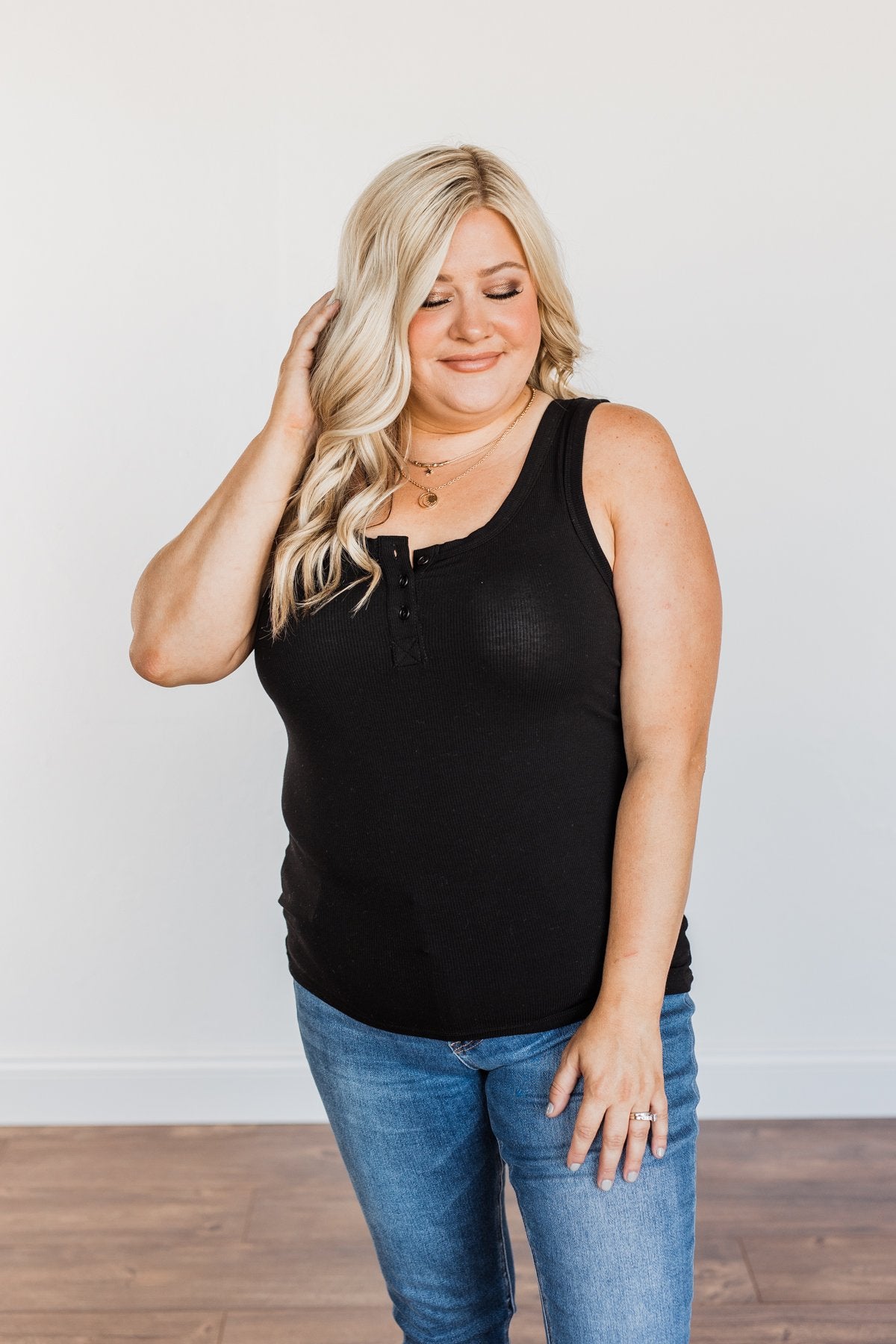 Uplifting Spirits Button Henley Tank Top- Black