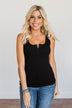 Uplifting Spirits Button Henley Tank Top- Black
