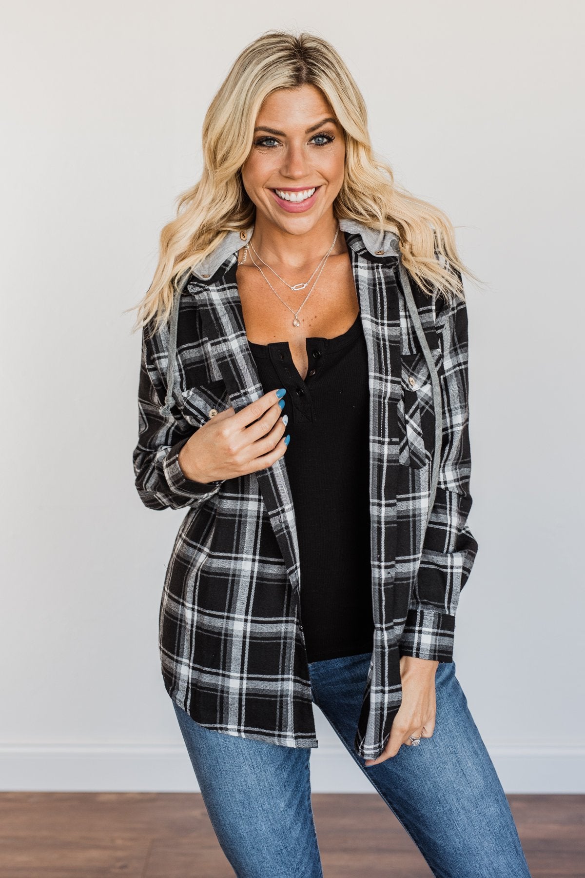 Nights By The Fire Hooded Plaid Top- Black