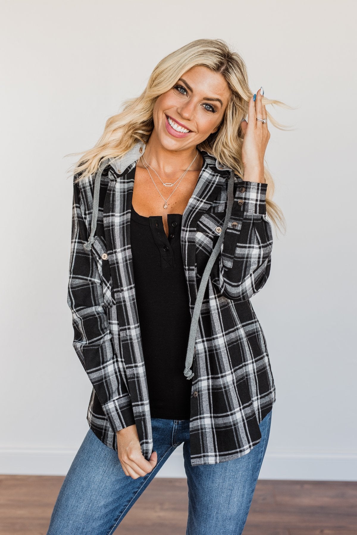 Nights By The Fire Hooded Plaid Top- Black