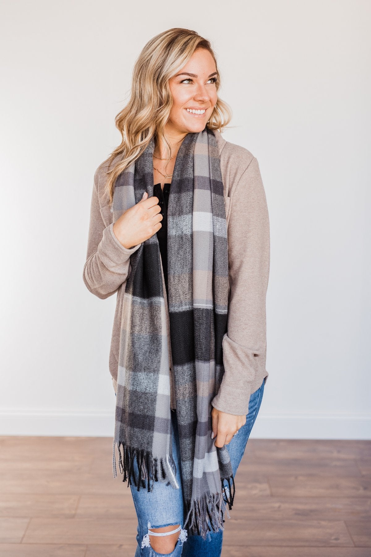 Cozy Cutie Plaid Blanket Scarf- Charcoal