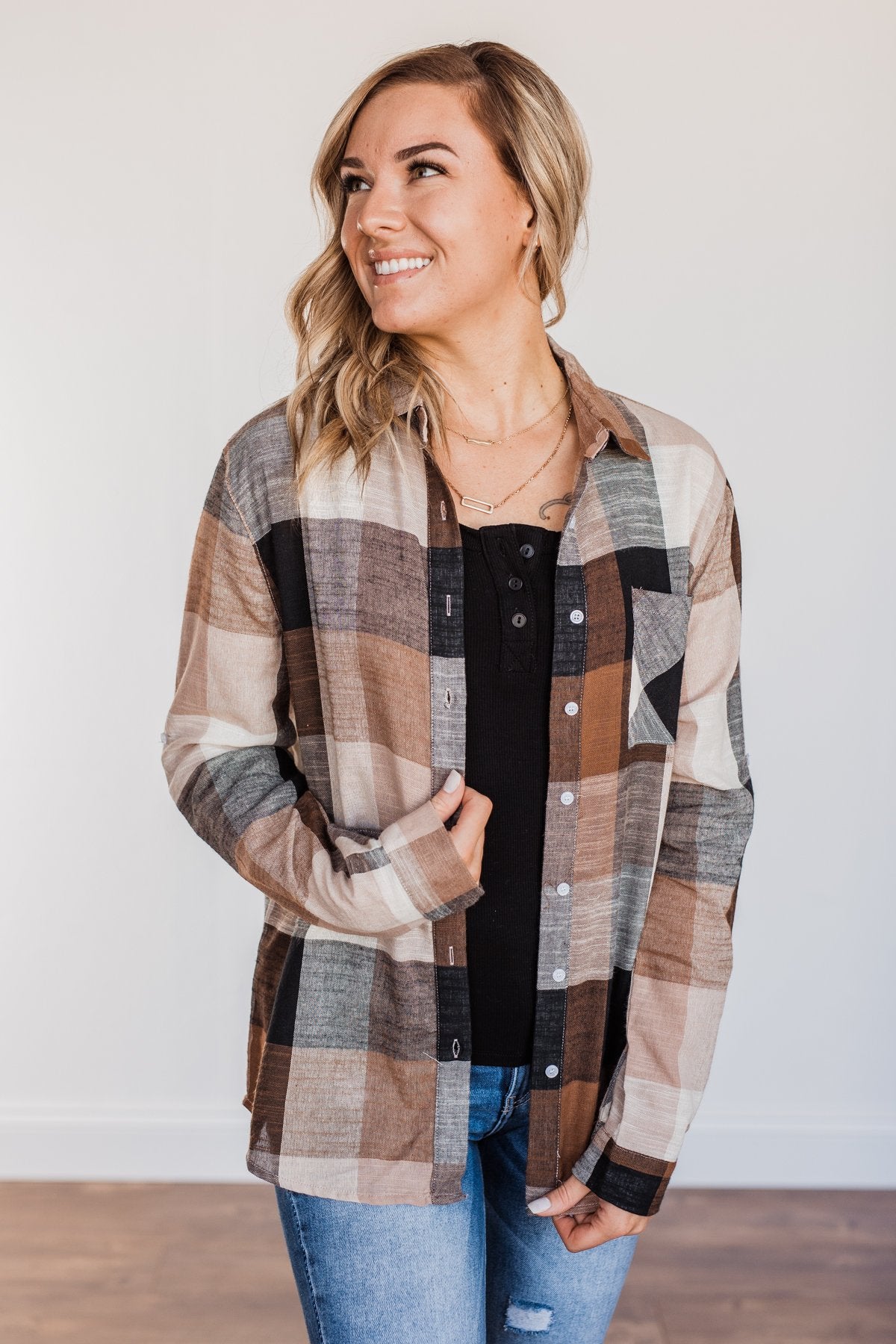 American Beauty Button Plaid Top- Brown & Taupe