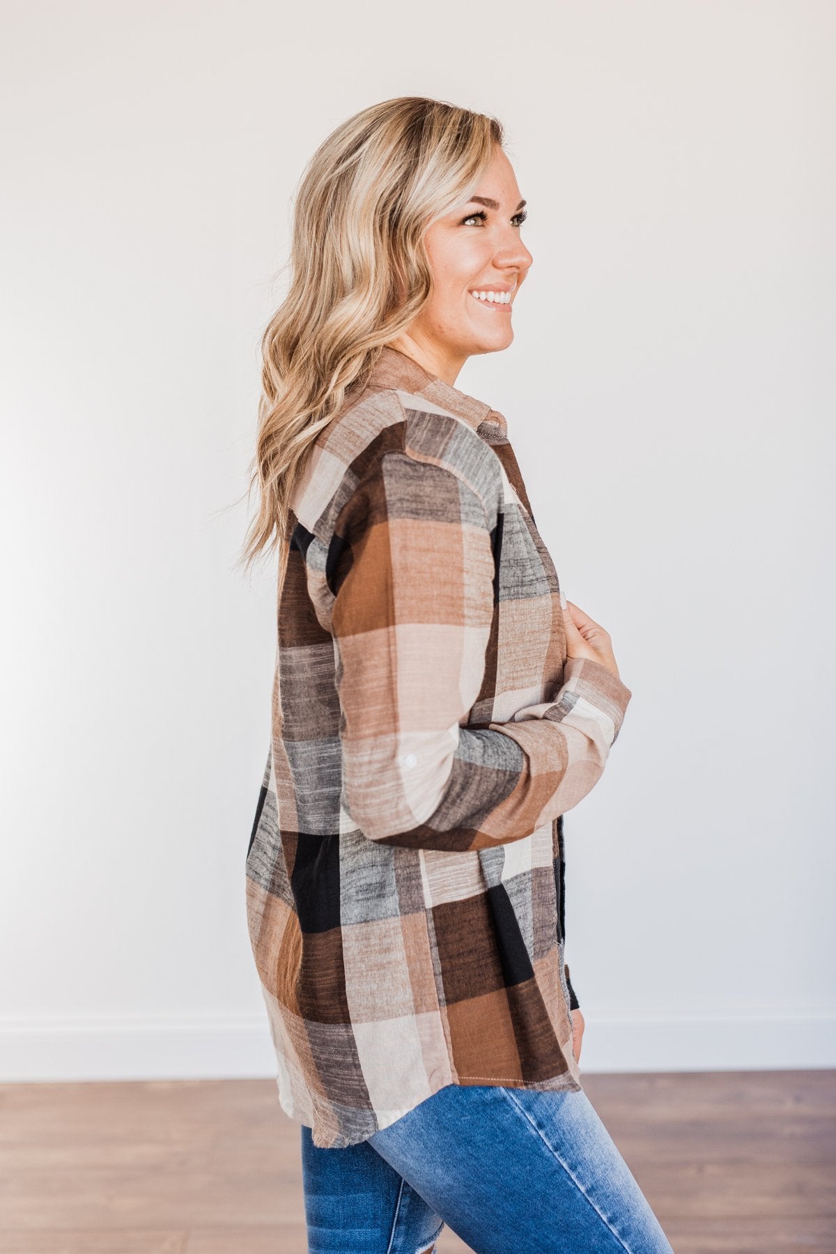 American Beauty Button Plaid Top- Brown & Taupe