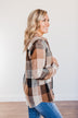 American Beauty Button Plaid Top- Brown & Taupe
